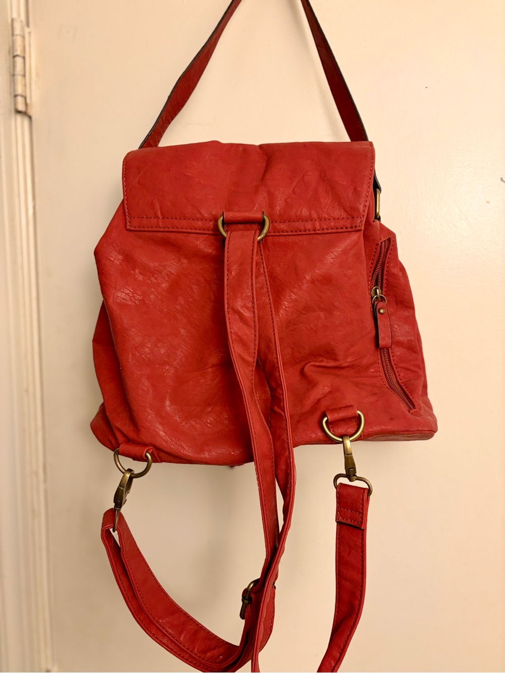 Red Leather Convertible Shoulder Backpack - Women's Bag